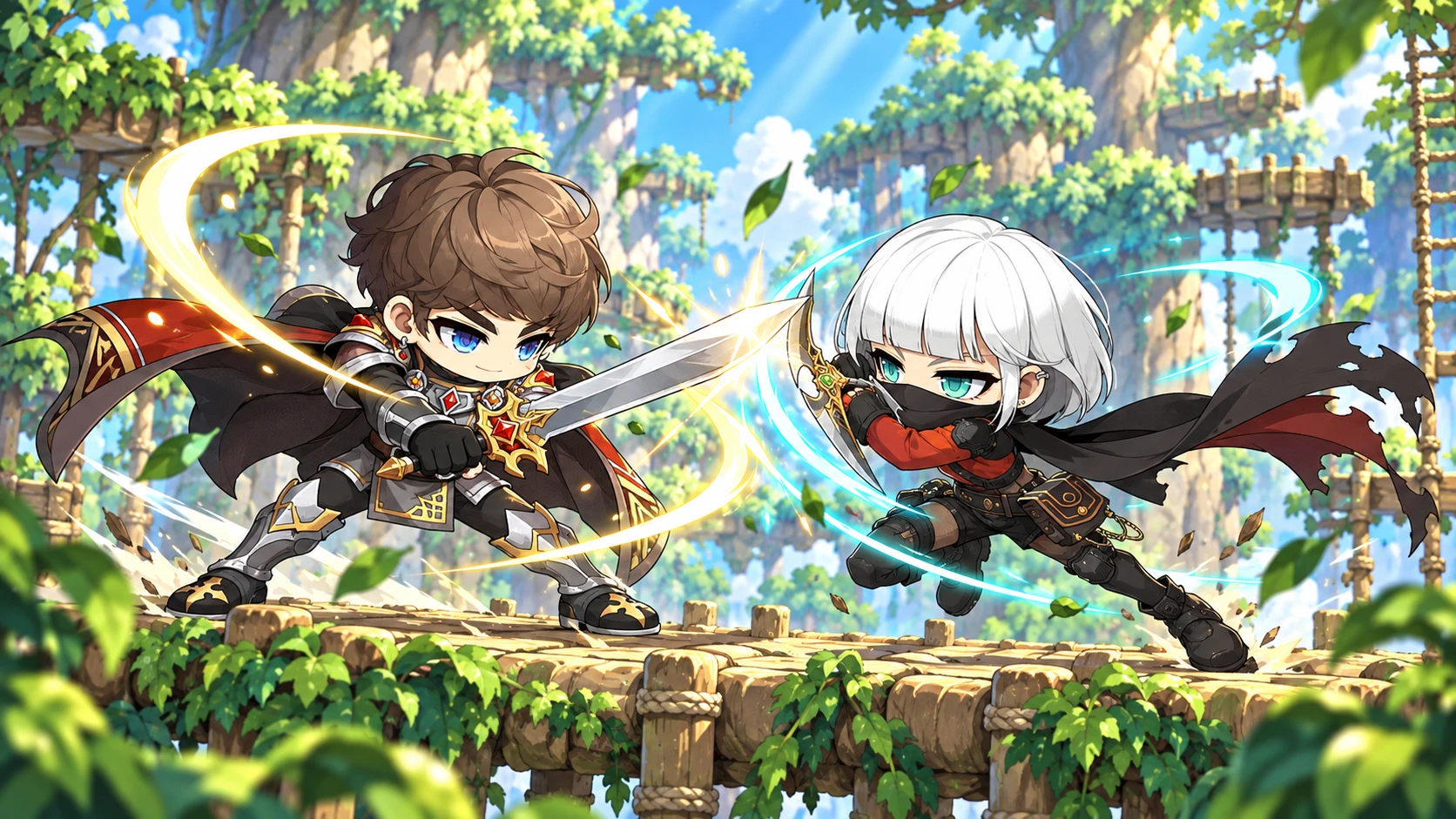 PVP 情境插畫:英雄與暗影神偷在森林木平台上交鋒
